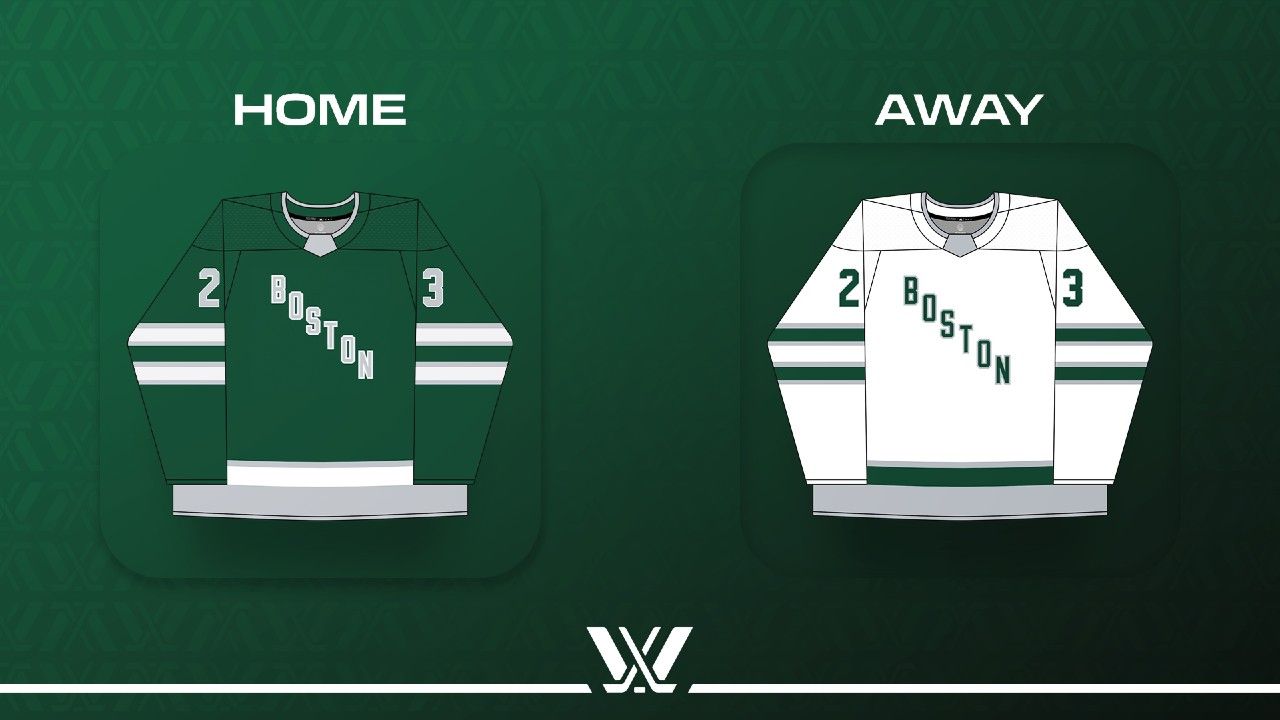 Boston PWHL home and away jerseys on a green background