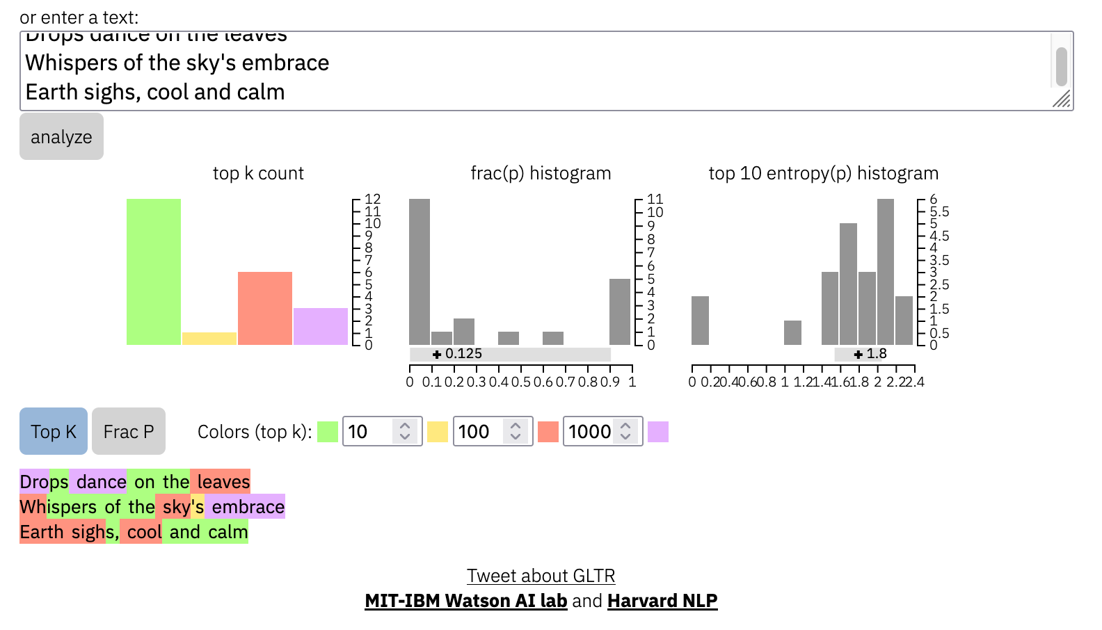 Color coded charts show how likely it is that the words in an AI-generated poem would be in that order.