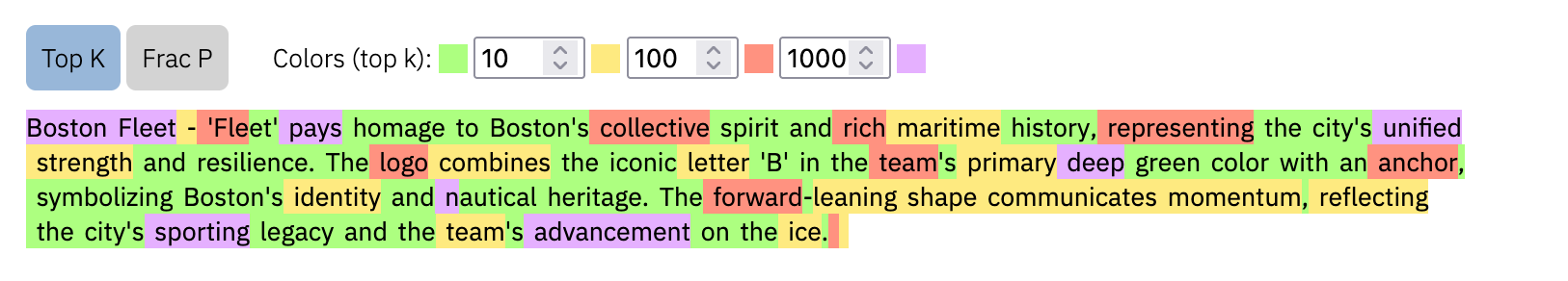 A PWHL team name description is color coded to show how likely it is to be AI-generated