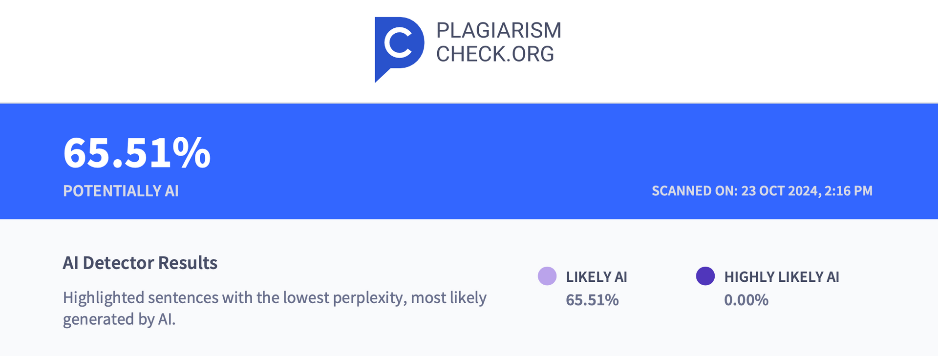 A document from plagarismcheck.org that says a document is likely ai generated