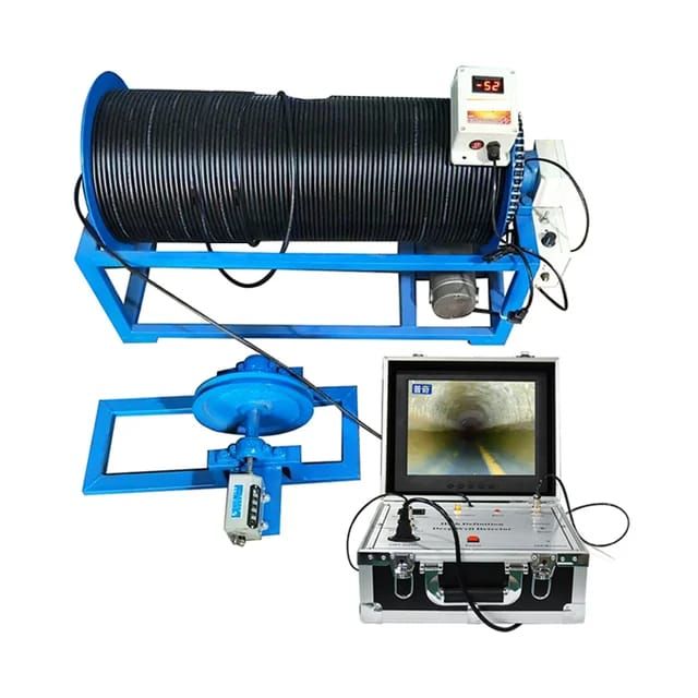 Borehole inspection camera system: blue frame, large cable reel, monitor, camera head inside a pipe, and control panel.