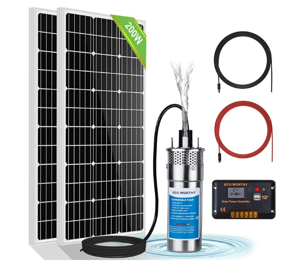 Solar water pump kit with panels, pump, controller, and cables.