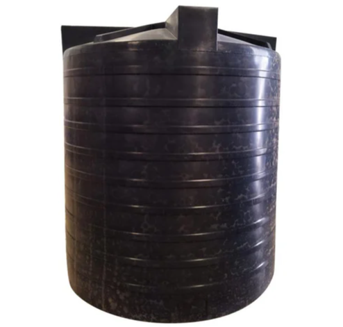 Black cylindrical water storage tank.