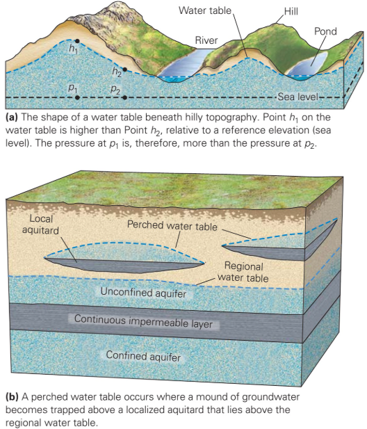 Diagrams showing water tables, hilly terrain, aquifers, and a perched water table.