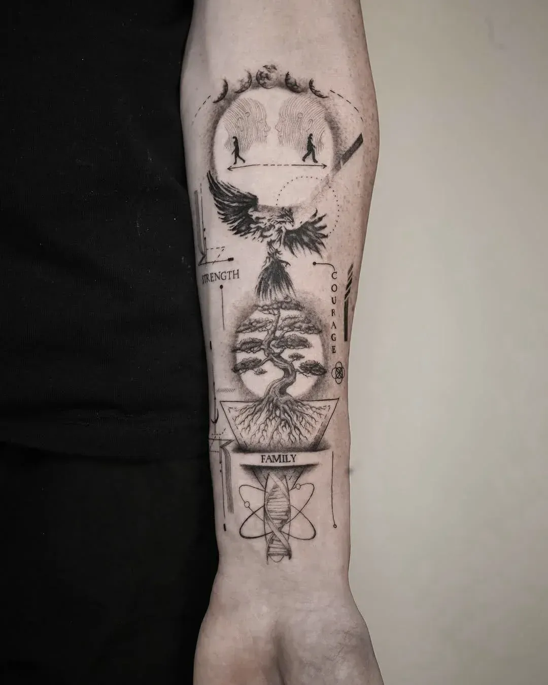 An intricate black-ink forearm tattoo featuring a bonsai tree, an atom, and minimalist celestial and architectural motifs.