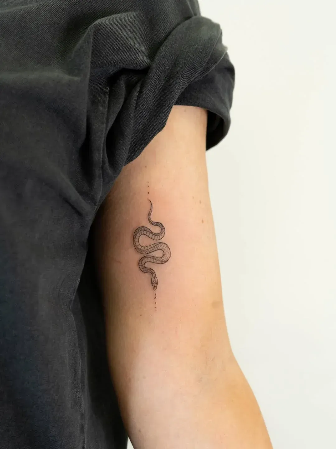A small, fine-line tattoo of a snake winding vertically on the inner upper arm of a person wearing a dark t-shirt.