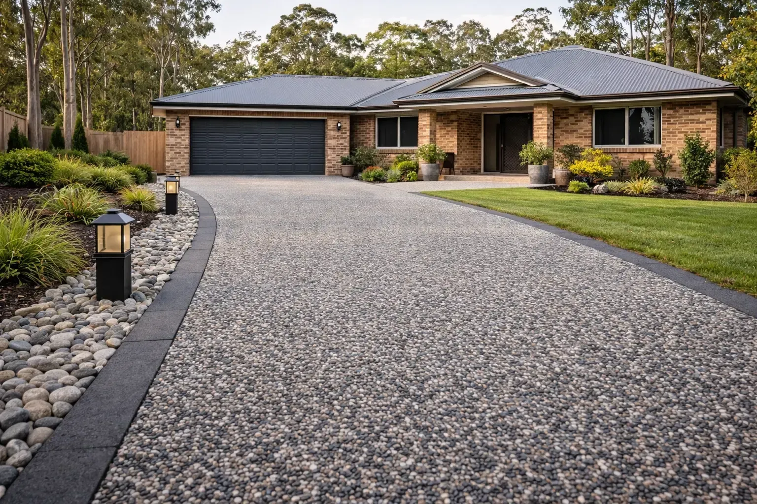 Driveway leading to a brick house with a garage and landscaped yard.