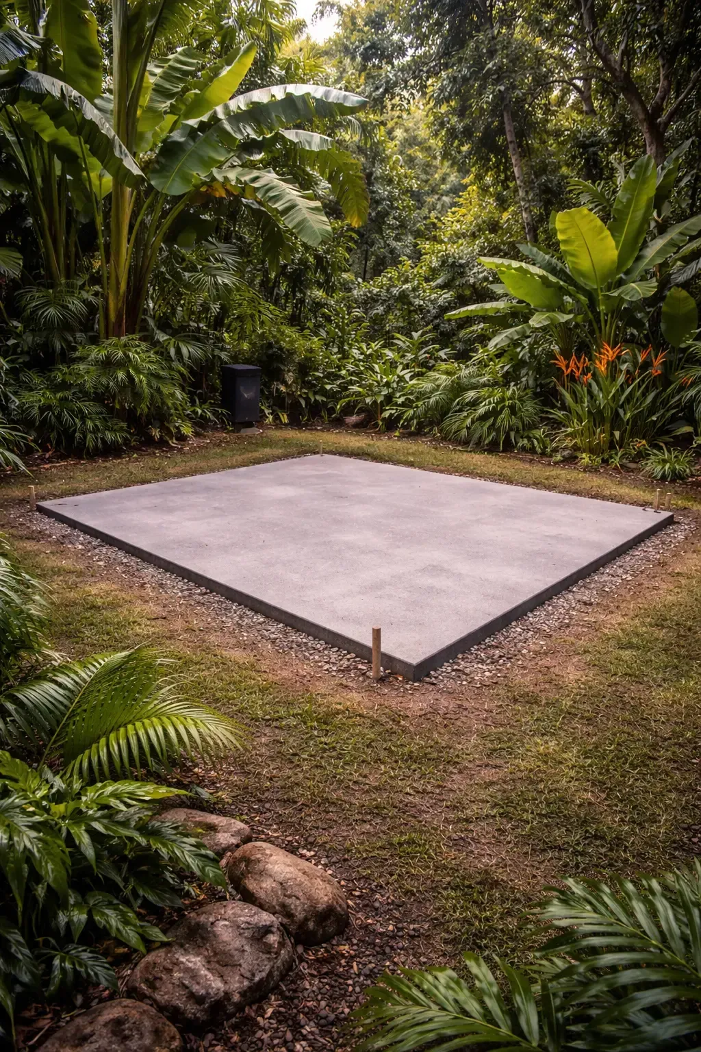 Concrete shed pad surrounded by lush tropical garden near Bushland Beach, Townsville