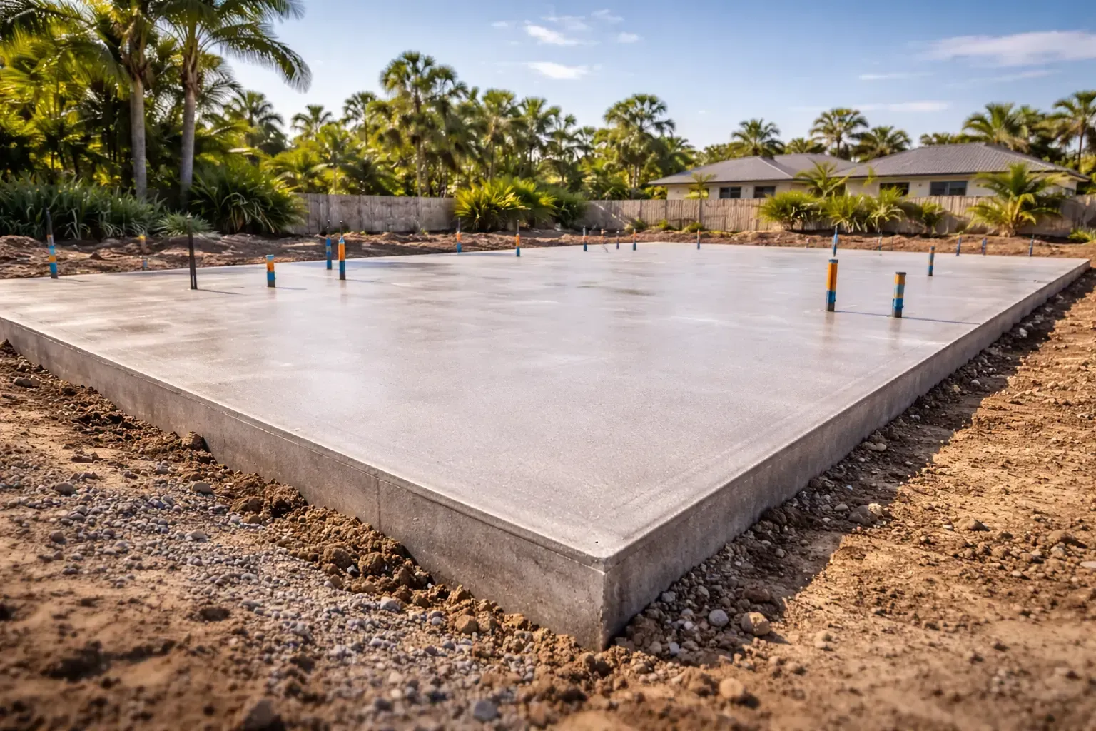 Concrete foundation for a house, with plumbing pipes. A new house build in Aitkenvale