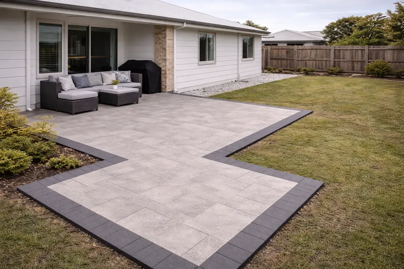 Patio pad with grey paving, dark border, and outdoor furniture next to a white house in Townsville.