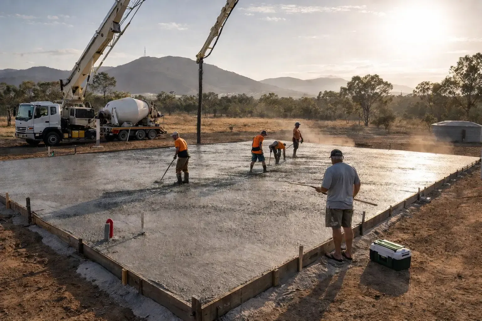 Concrete slab being poured at a construction site by a crew and cement trucks in Bluewater near Townsville