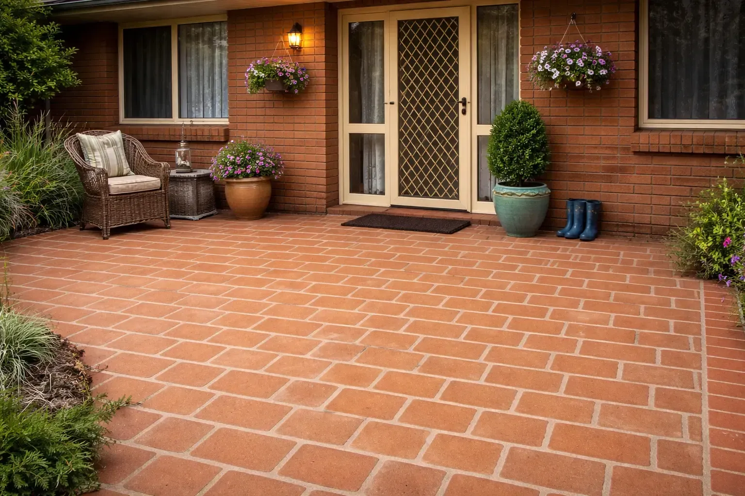 Brick pattern stencilled concrete patio pad in Garbutt, QLD