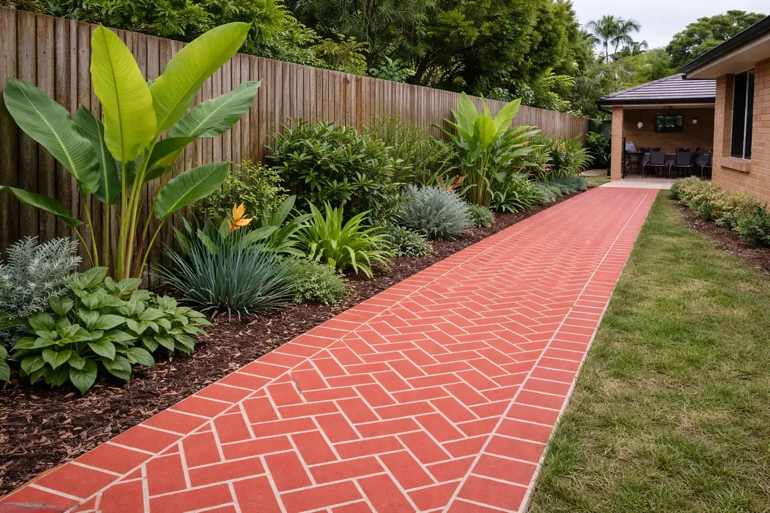 Stencilled red brick pathway bordered by green plants in Annandale, Townsville