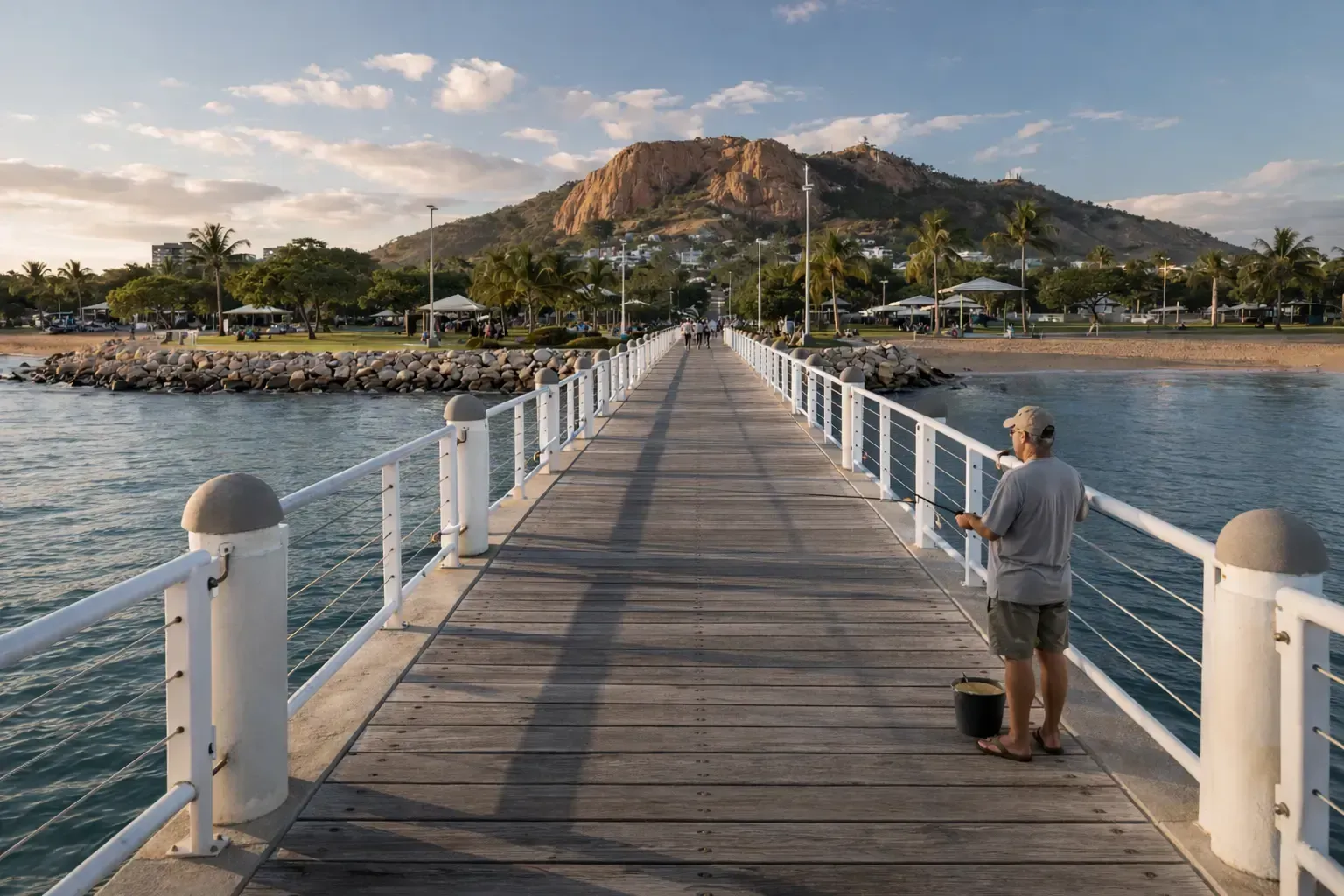 Aerial view of a Mackay Marina with a river flowing into the ocean, marina, and beach on a sunny day.