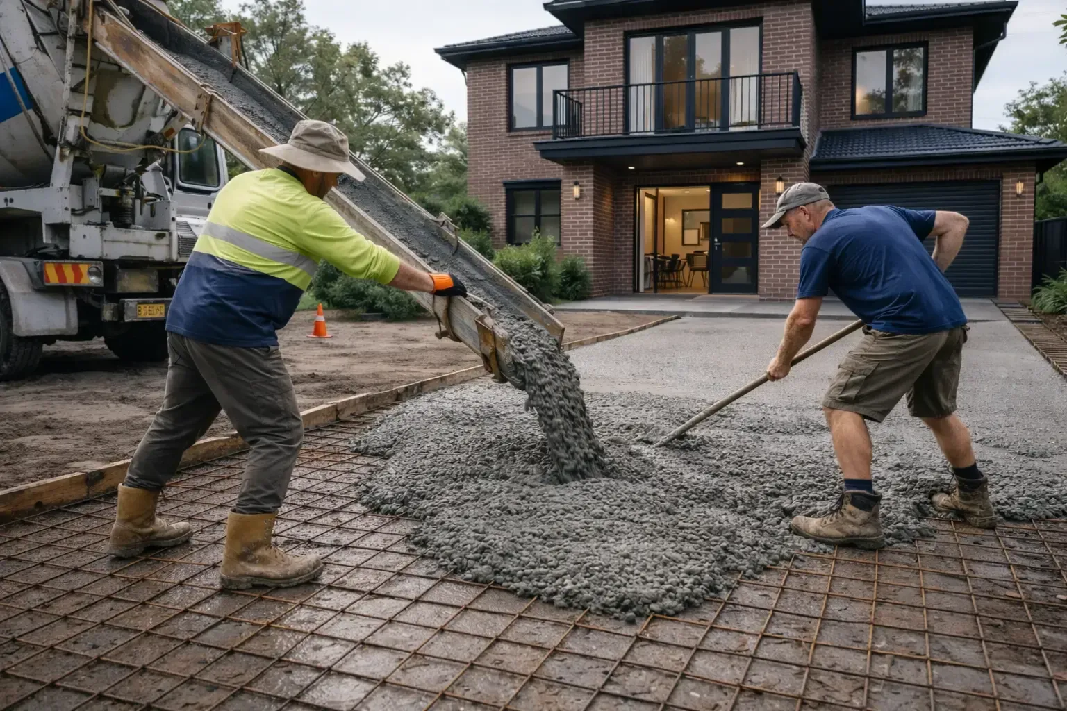 Workers pour and level wet concrete onto a wire mesh frame for a new driveway in Kirwan, Townsville.