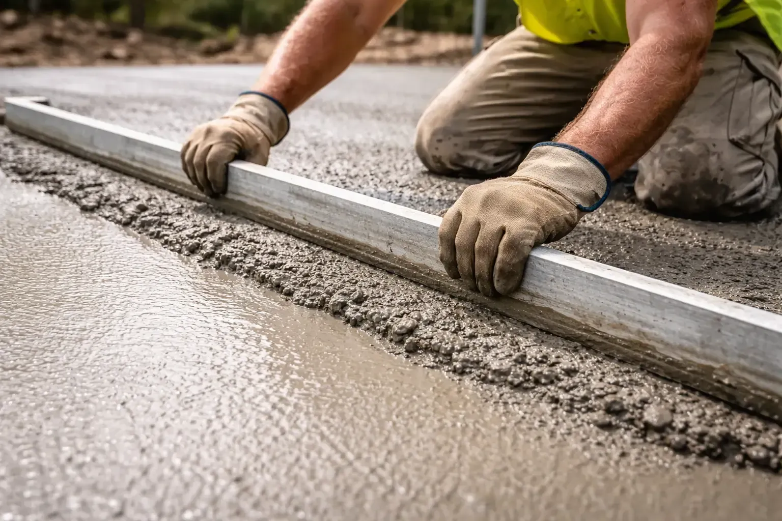 Person leveling wet concrete with a long metal tool.