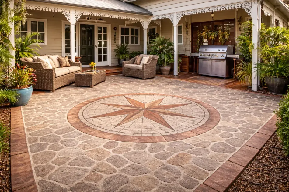 Stone patio with compass rose design, outdoor seating, and built-in grill under a veranda.