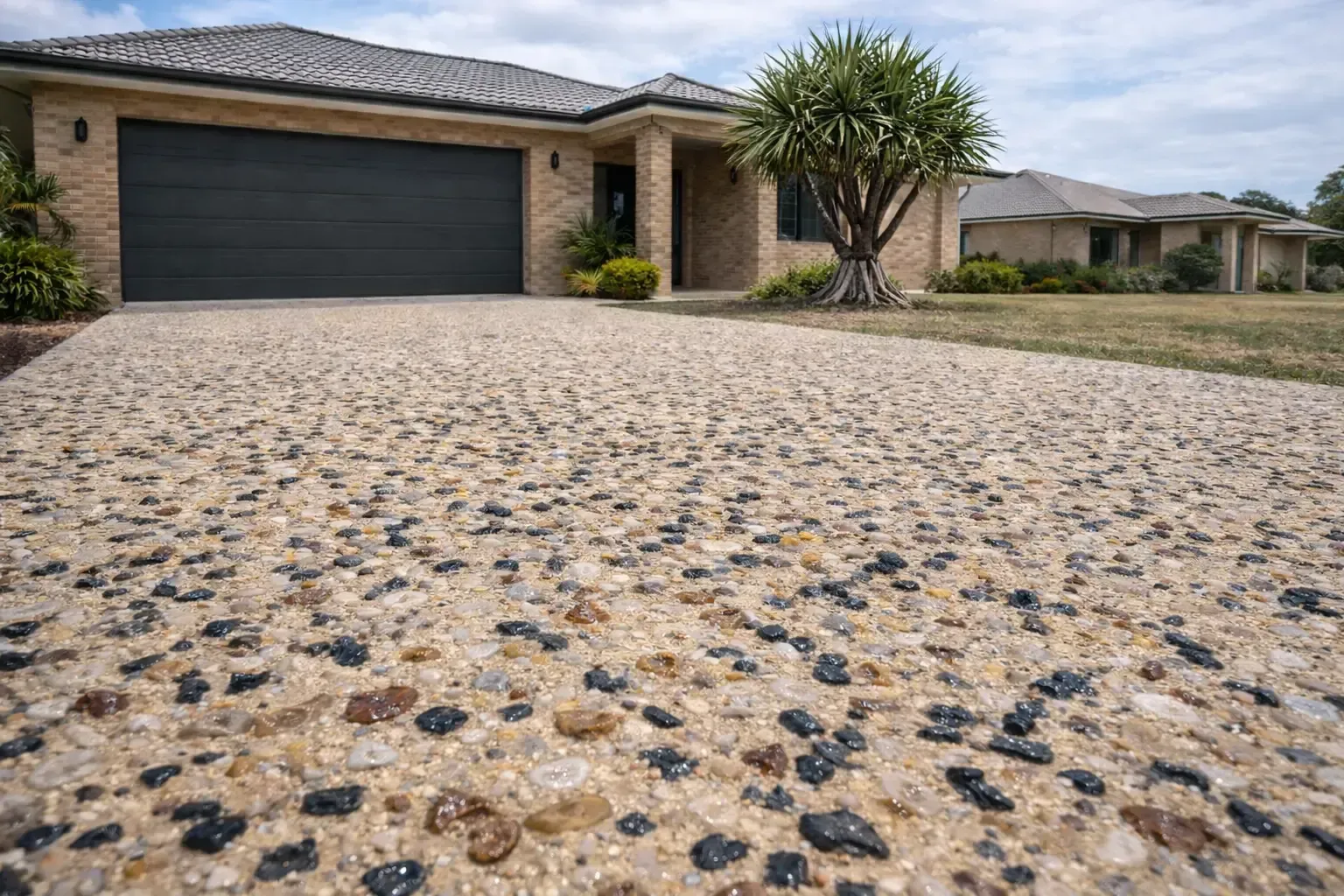 Exposed aggregate concrete driveway leading to a brick house in Condon, North QLD