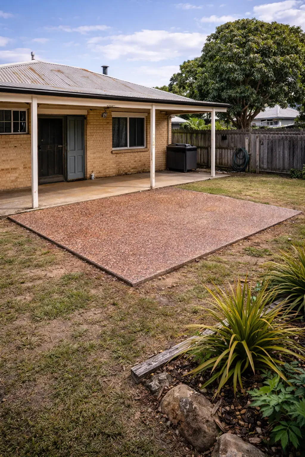 Backyard with exposed aggregate patio pad on a brick house in North Ward