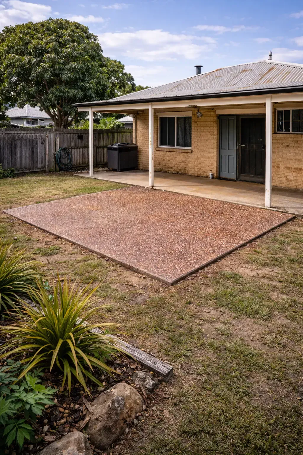 Backyard with exposed aggregate patio pad on a brick house in North Ward