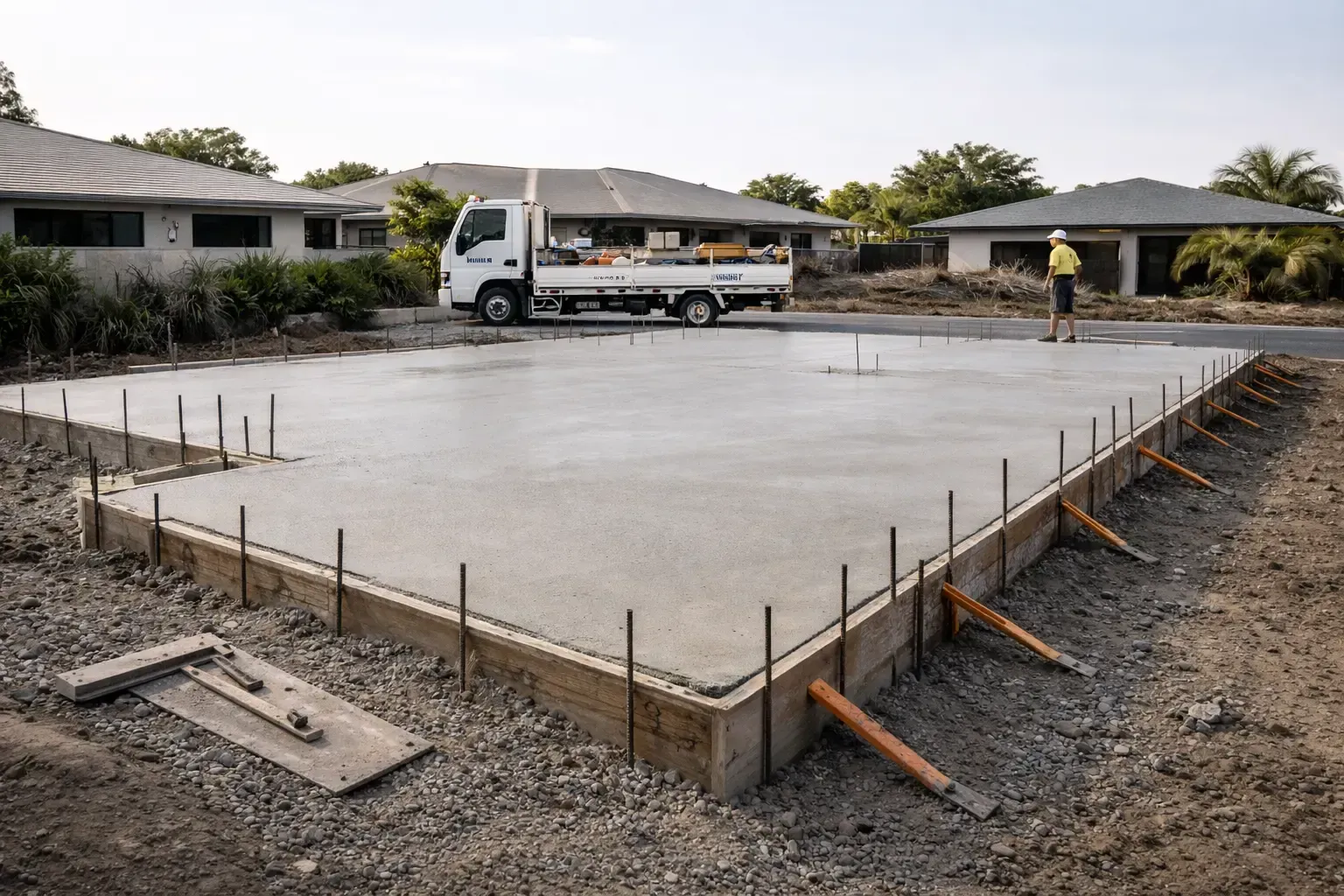 Rectangular concrete slab foundation with wooden formwork and metal rebar at a construction site in Townsville