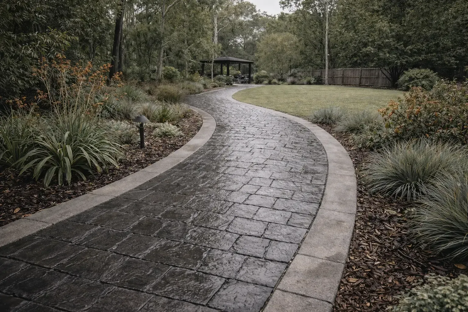 Brick pathway winds through a garden, leading to a gazebo, bordered by plants and trees in Annandale, Townsville