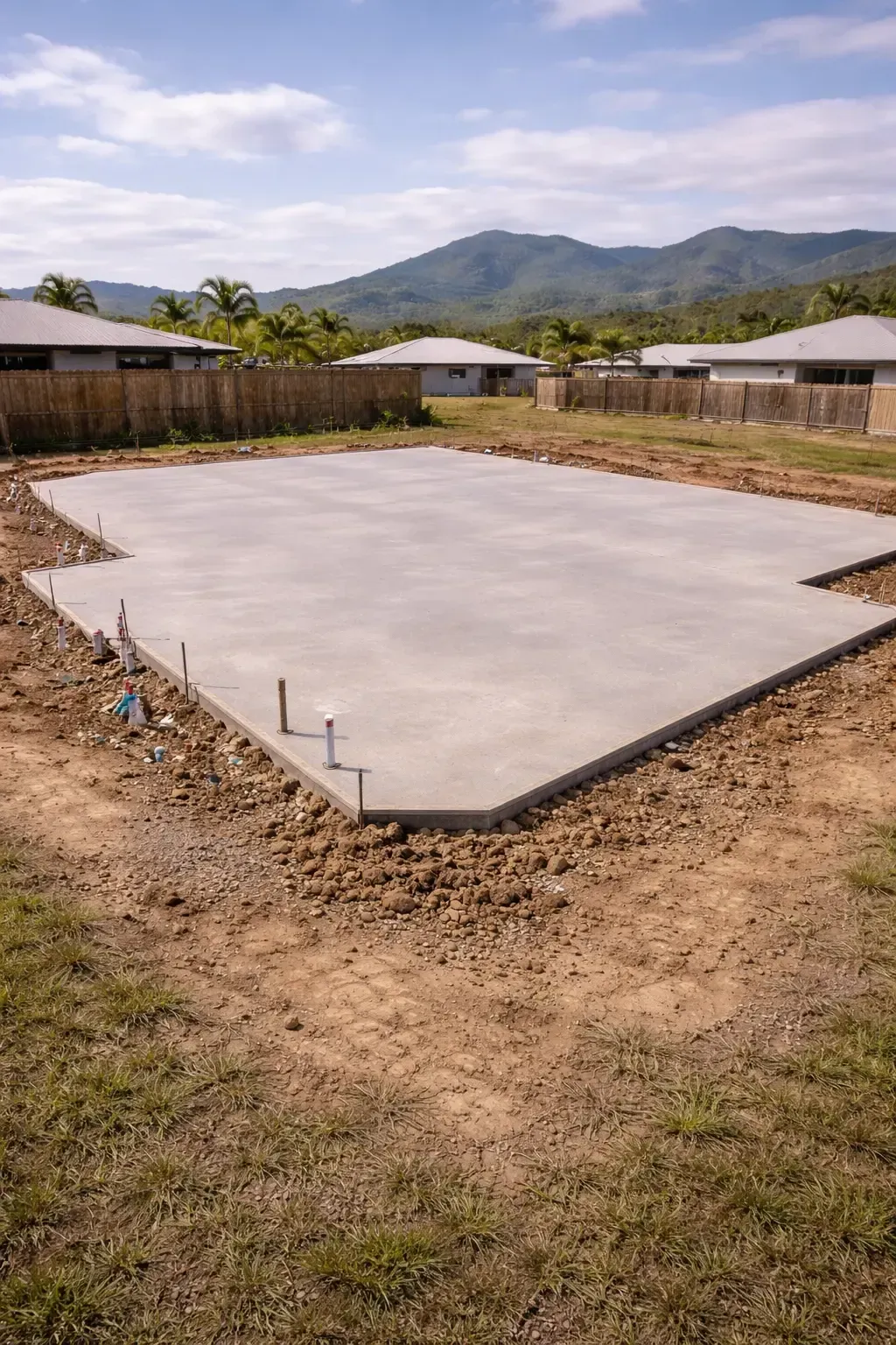 Concrete slab for a new house in a dirt lot, with plumbing pipes. Kirwan