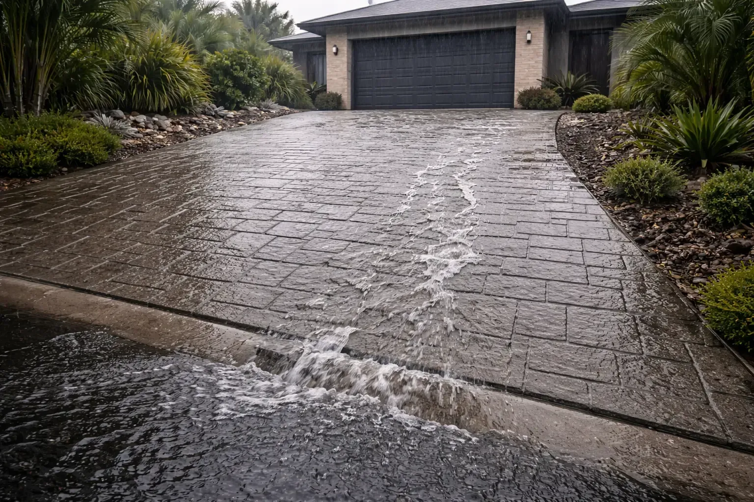 Rainwater flows down a stamped concrete driveway toward a street during a storm in Condon, QLD