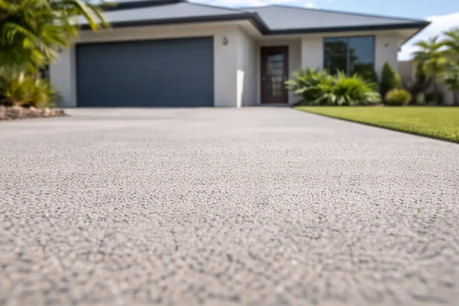 Concrete aggregate driveway leading to a brick house with a garage and landscaped yard in Townsville