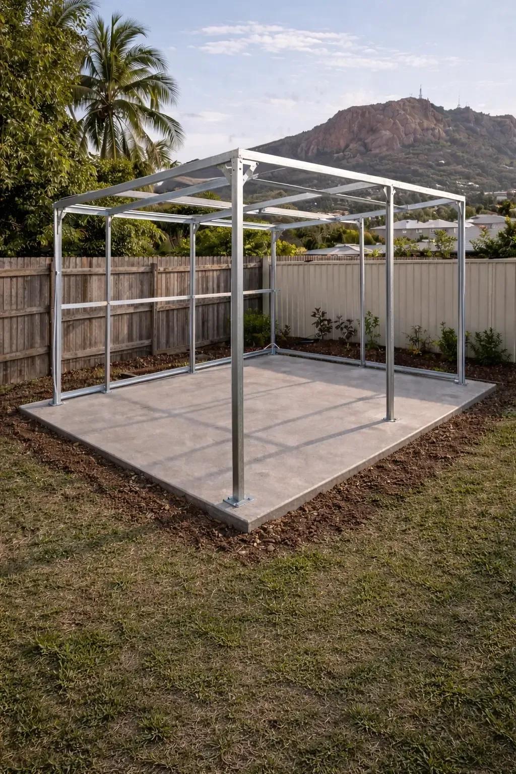 Metal shed frame on a concrete slab in a backyard, with Castle Hill in the background. Townsville