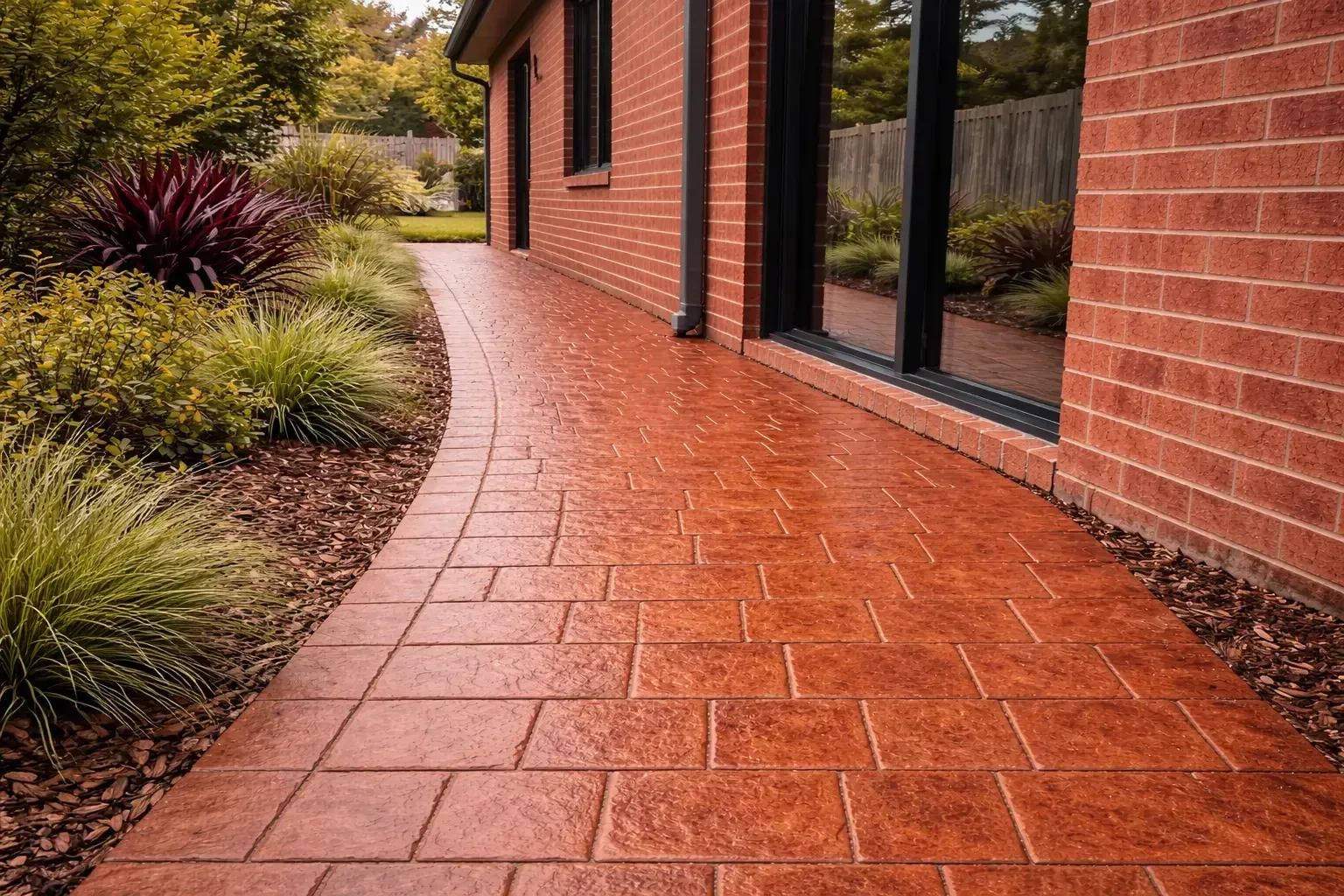 Brick-patterned, stamped concrete walkway beside a brick building in Hermit Park, QLD