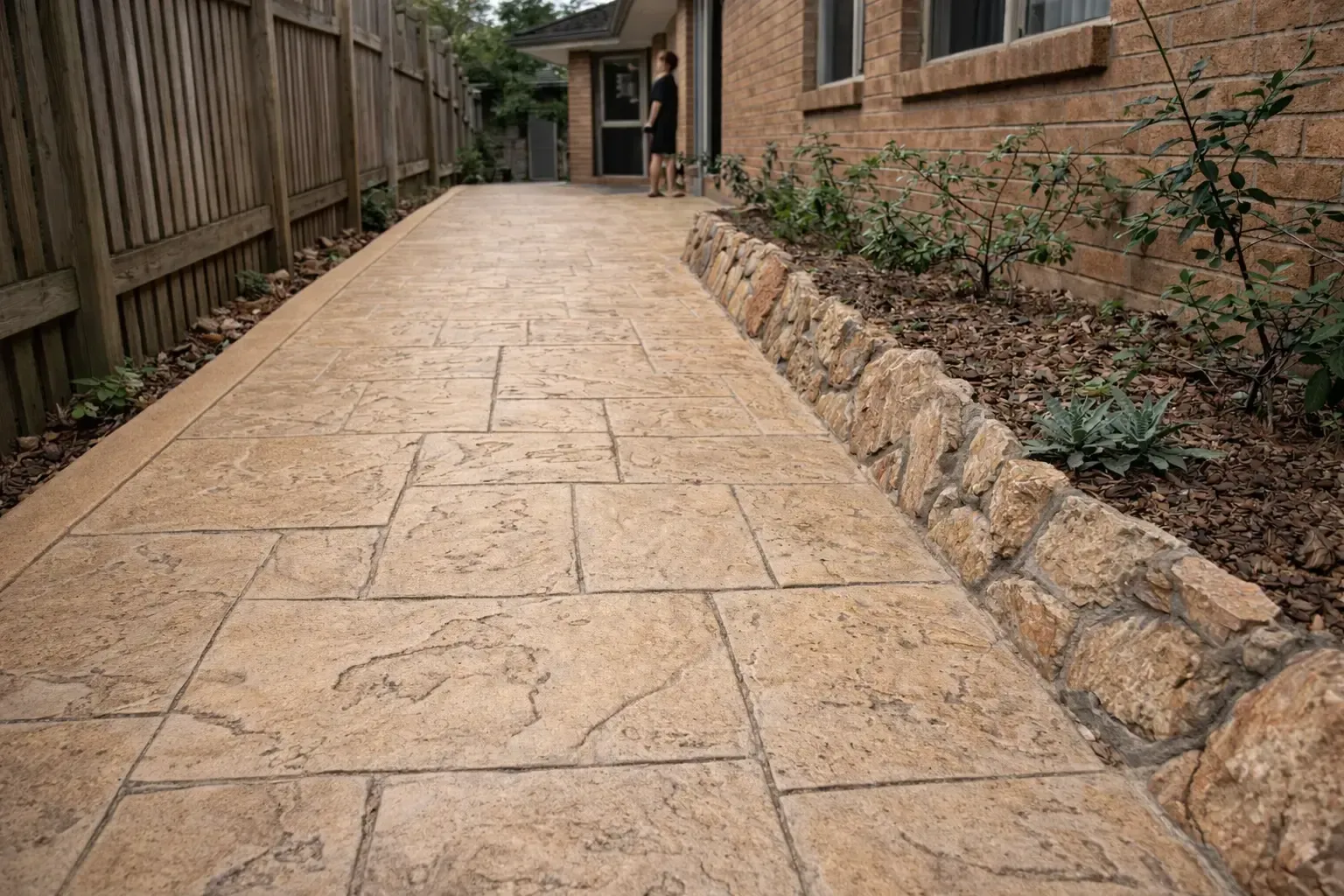 Sandy coloured stamped concrete path along the side of a house in Townsville 