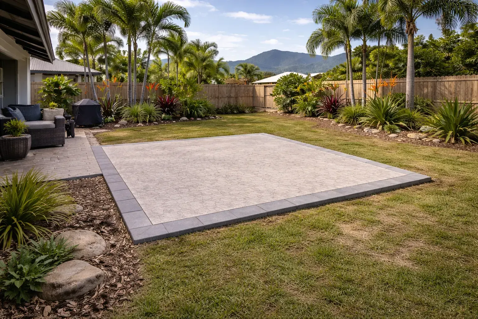 Backyard patio pad with grey stencilled concrete, lawn, and lush tropical landscaping. Walkerston, QLD