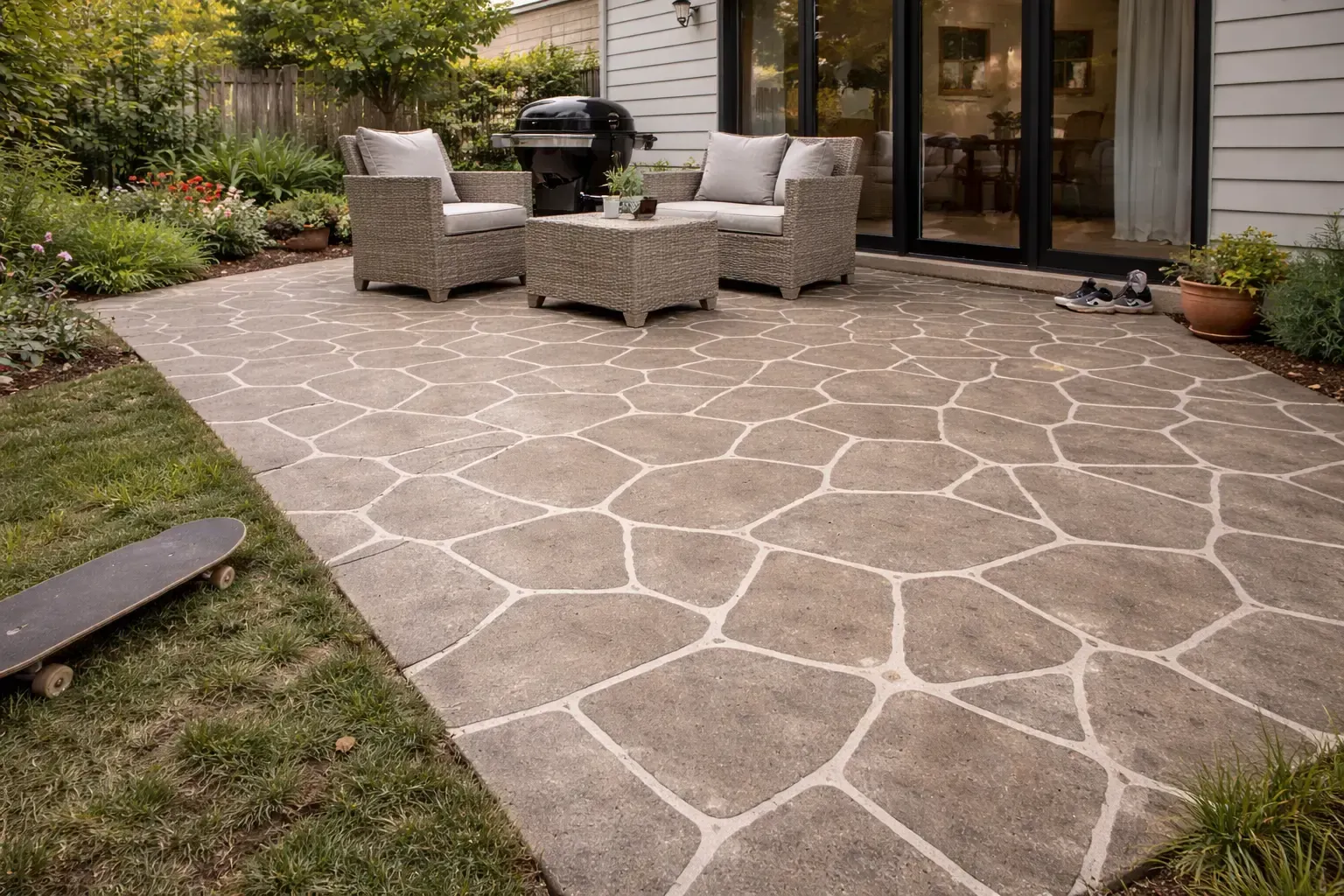 Patio with stone-like stencilled concrete in Deeragun.