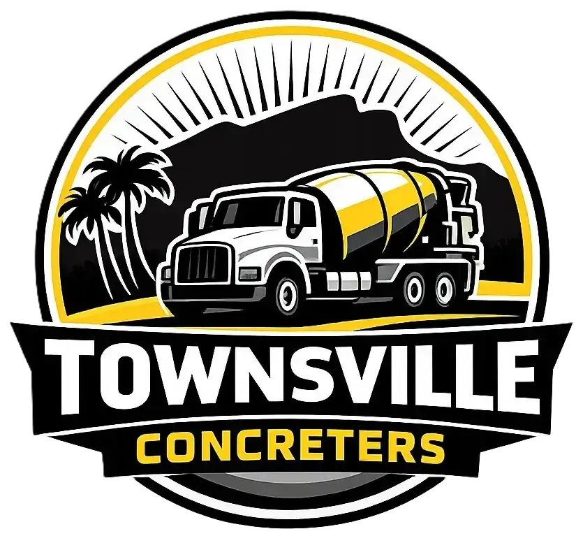Townsville Concreters logo: Concrete truck in front of Castle Hill and palm trees, with a sunburst design.