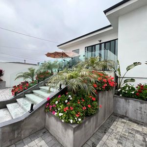 Exterior of a modern home with steps and planters overflowing with colorful flowers. Glass railing and a patio are visible.
