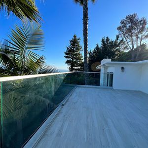 Outdoor deck with glass railing, palm trees, and ocean view on a sunny day.