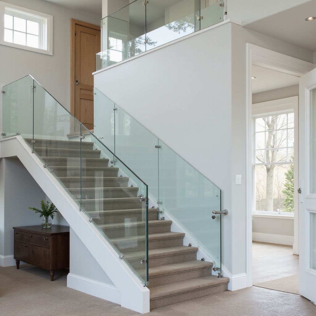 Staircase with glass railing, carpeted steps, wooden door, and neutral-colored walls.