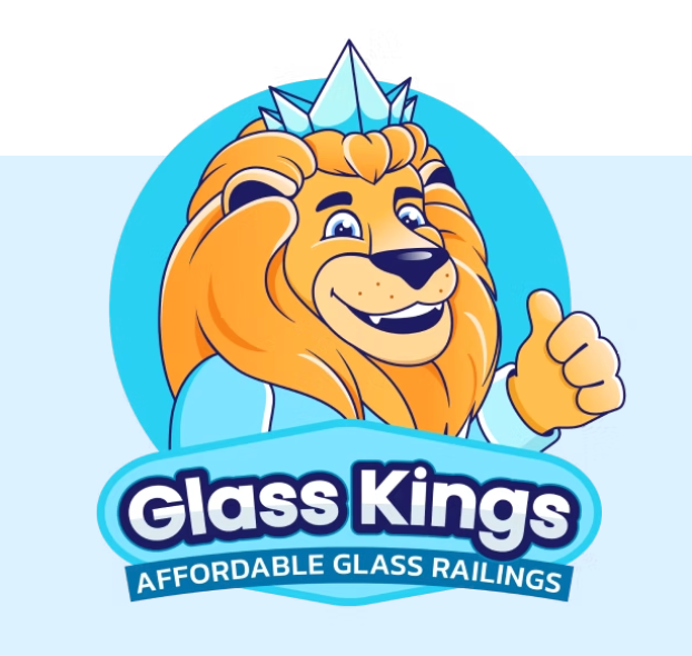 Lion mascot with crown and thumbs up for Glass Kings, affordable glass railings.