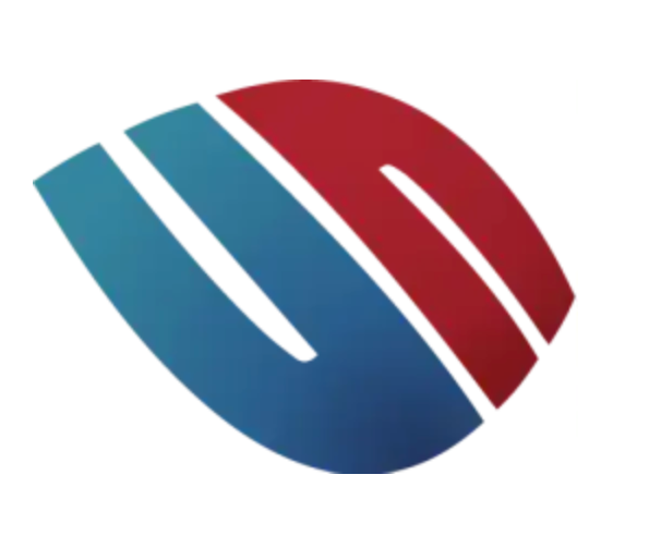 Blue and red stylized emblem; abstract design with two vertical lines inside a curved shape.