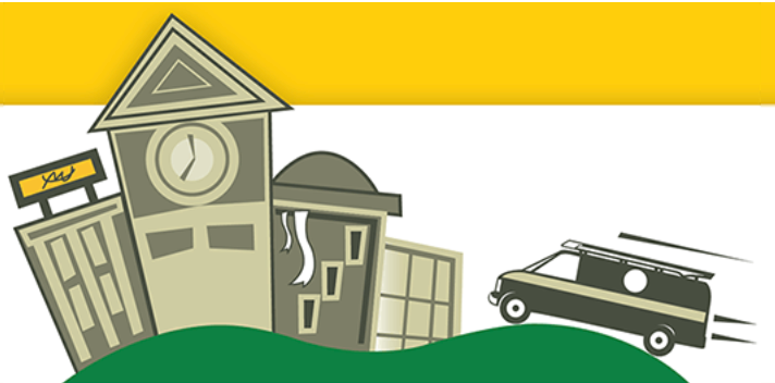 A cartoon city with buildings and a van speeding away on a green hill, yellow sky.