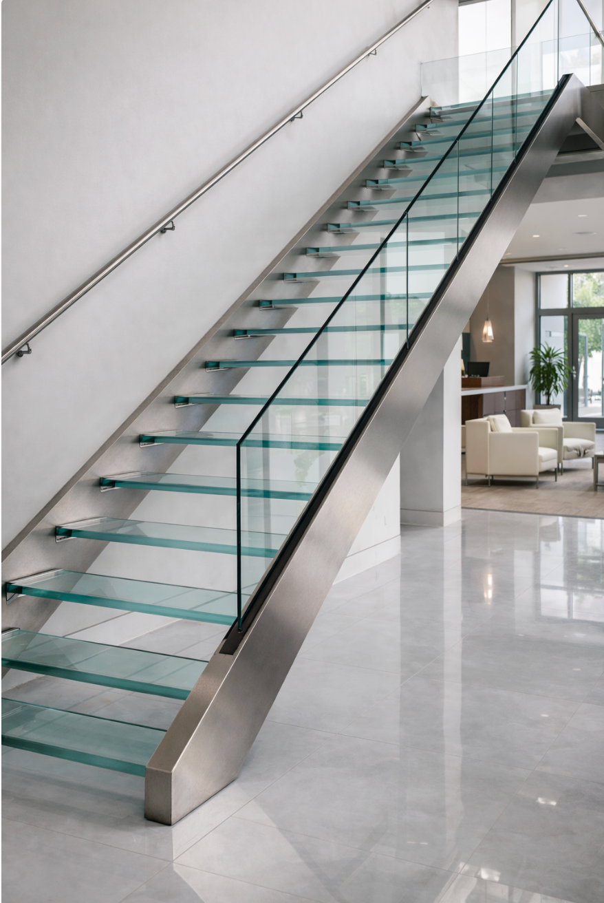 Modern staircase with glass steps and railing, stainless steel frame. Well-lit interior with marble floor and white walls.