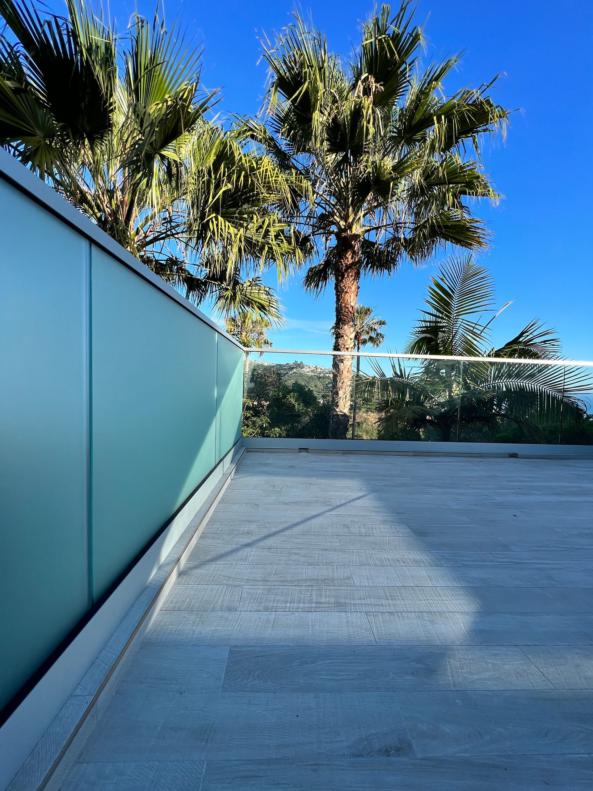 Concrete rooftop with a blue-green wall, glass railing, and palm trees against a bright blue sky.