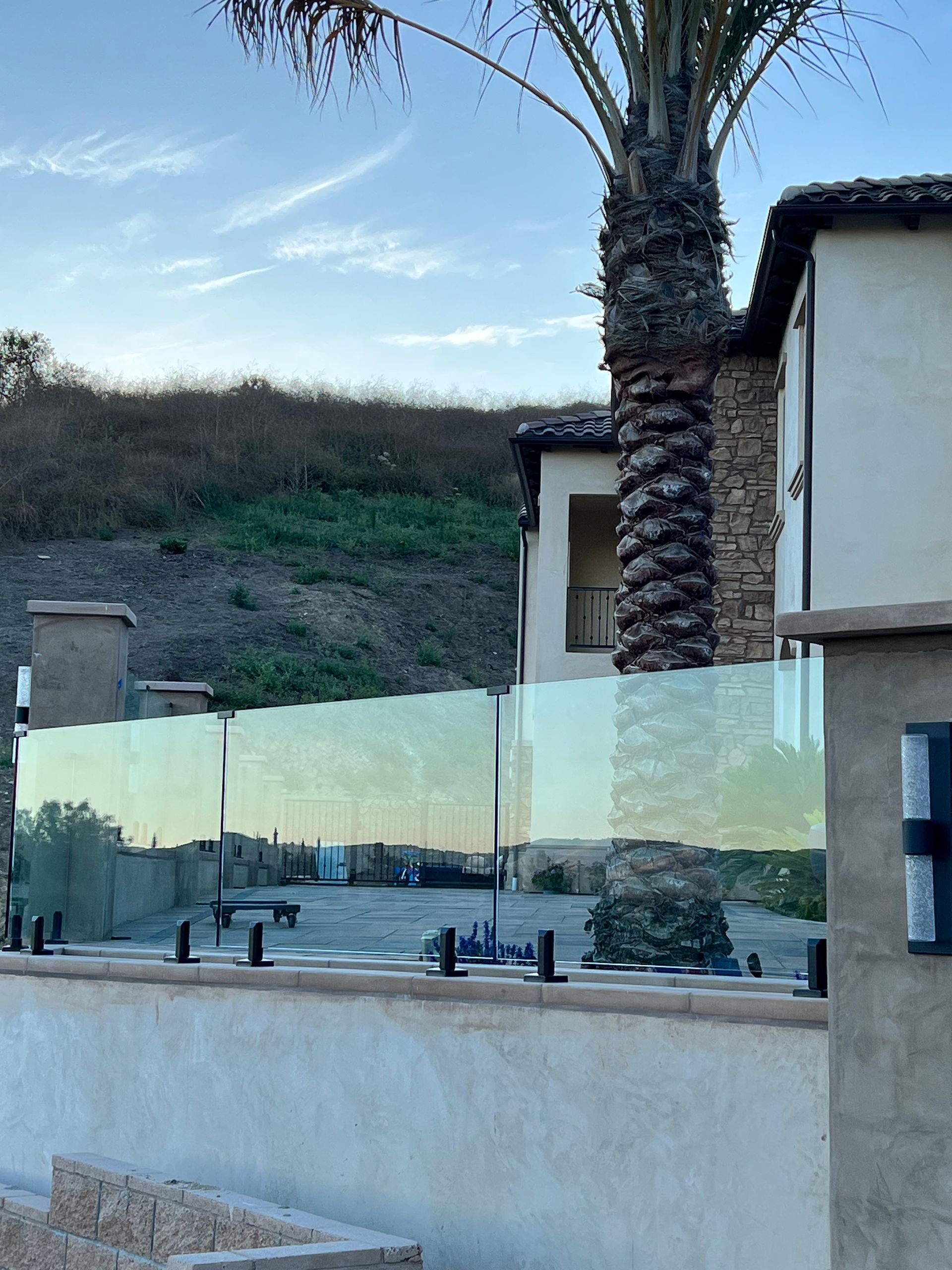 Glass fence with black posts atop a concrete wall, a house, and a palm tree against a hillside.