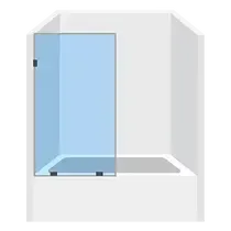 Blue glass shower door in a white bathroom setting.