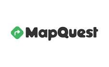 MapQuest logo: Green diamond with white arrow, next to dark gray 