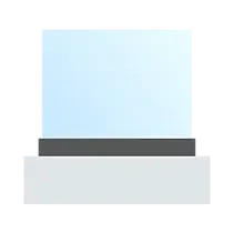 A rectangular blue screen on a dark gray base, sitting on a white platform.