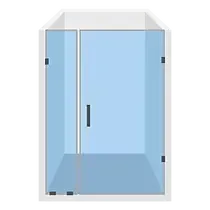 Blue glass shower with a door and hinges, in a white frame.