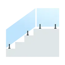 Glass railing on a staircase with dark metal supports.