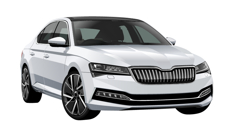 Une Skoda Superb blanche est montrée sur un fond blanc.